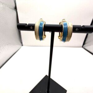 Vintage Gold Tone Blue & Cream Enamel Clip-On Hoop Earrings Fashion Jewelry